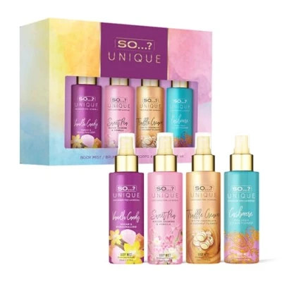 Image of So…? Unique Mini Mist Womens Gift Set with Vanilla Candy, Sweet Pea, Truffle Cream, &amp; Cashmere, Body Fragrance Spray (4 x 50ml.)