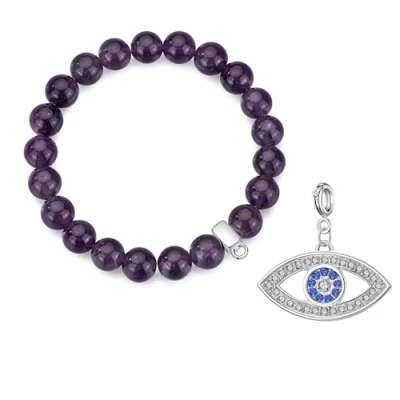 Image of Philip Jones Amethyst Gemstone Bracelet with Evil Eye Charm Created Zircondia® Crystals