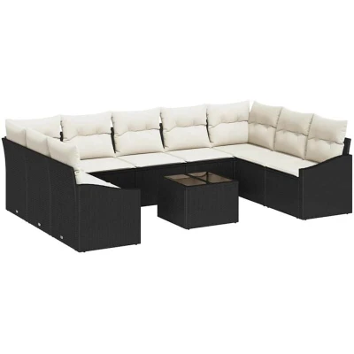 Image of vidaXL 9 Piece Garden Dining Set with Cushions in Brown Poly Rattan