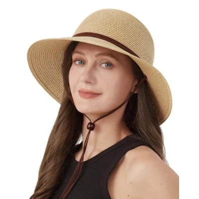 Image of Zylioo Straw Hats with Chin Strap for Small Heads Summer Fedora Beach Sun Hat Petite Wide Brim UV Holiday
