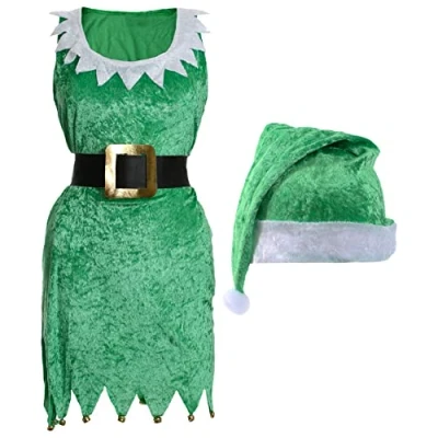 Image of Ladies Elf Dress Fancy Costume Large Green Velour + Santa Hat Santas Grotto Little Helper Christmas Xmas Outfit