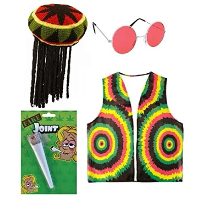 Image of Mega_Jumble® Unisex Reggae RASTA JAMAICAN Hat w/Wig, Fake Spliff, Glasses &amp; Vest Caribbean RAGGAE BOB MARLEY Adult Fancy Dress