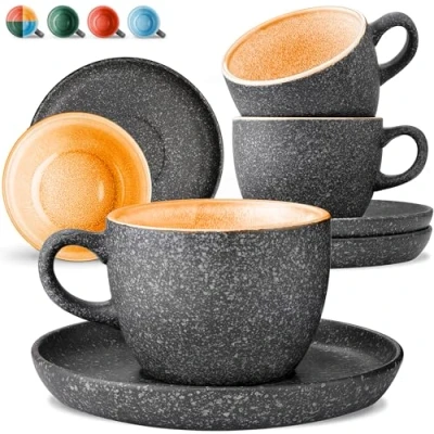Image of Cosumy Cappuccino Cups and Saucers Set of 4 200ml Ceramic Coffee Cups, 𝗘𝘅𝘁𝗿𝗮 𝗧𝗵𝗶𝗰𝗸 Stoneware Handmade Reactive Glaze Keeps Warm Longer (Yellow)