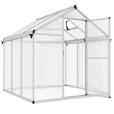 Image of Outsunny Aluminium Greenhouse with Door Window Galvanised Base Piece Panels Grow House Shed 845 243V06SR