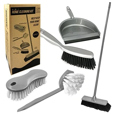 Image of House Cleaning Kit 4 in 1 Broom and Dustpan Set to Keep All Surface of Homes Tidy Includes Soft Indoor, Brush, Hand Scrubbing Dish Brush