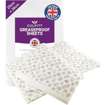 Image of Culpitt Greaseproof Paper Sheets Bakery 100 Printed Pre Cut Baking For Baking, Freezing, Serving, Displaying Cookies, Cakes, Pastries, Sandwiches 25cm x 36cm