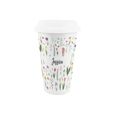 Image of Purely Home Personalised Spring Flowers Ceramic Travel Mug Custom Wildflower Meadow Reusable Silicone Lid Double Walled Insulated Hot/Cold Drinks Cup Gift