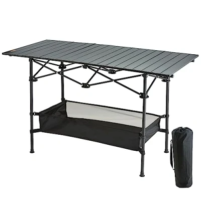 Image of VEVOR Outdoor Portable Side, Lightweight Fold, Aluminum &amp; Steel Ultra Compact Work Table with Large Storage and Carry Bag, for Beach, Picnic, Travel, 24x16 inch, Black, 45&#039;&#039; x 22&#039;&#039;