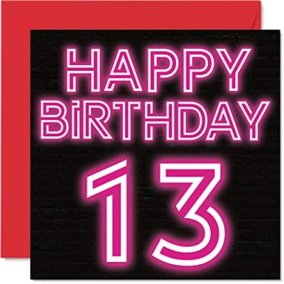 Image of Fun 13th Birthday Cards for Boys Girls Neon Glow Happy Card Son Daughter Brother Sister Grandson Granddaughter Niece Nephew, 145mm x Greeting Cards,