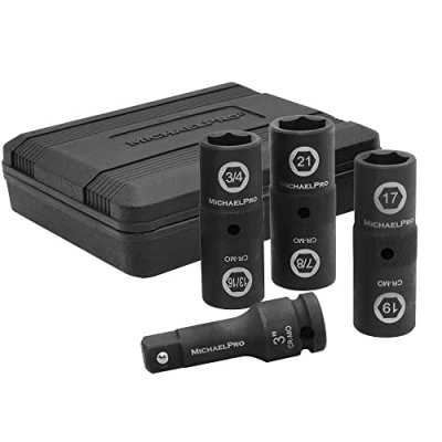 Image of MichaelPro MP005022 1/2 Inch Drive Impact Flip Lug Nut Socket Set, Includes 17mm, 19mm, 21mm Metric Sizes &amp; 3/4 Inch,13/16 Inch, 7/8 SAE Sizes, Chrome Moly Steel for Lifetime Use