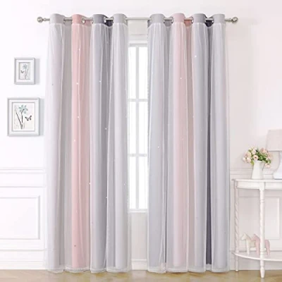 Image of KAHEAUM Blackout Curtains for Bedroom Living Room Eyelet Nursery Kids Girls,Voile Net Windows,2 Panels 46 x 54 inch Drop Black Out Soundproof Thermal Pink Grey