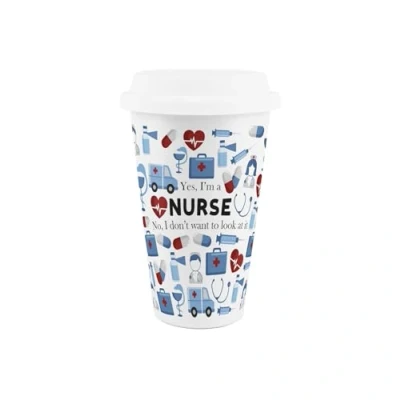 Image of Nurse Ceramic Travel Mug Novelty Medical Training Trades Gift for New Job Reusable Silicone Lid Double Walled Insulated Hot/Cold Drinks Cup Present