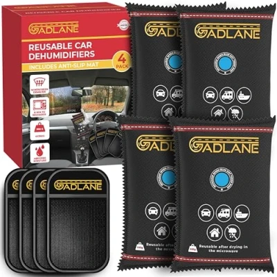 Image of GADLANE Reusable Car Dehumidifier 350G 4 Pack Moisture Absorber with Dashboard Anti Slip Mat Eliminate Foggy Windscreen Home, Wardrobe, Condensation Absorbers Silica Gel Bags x