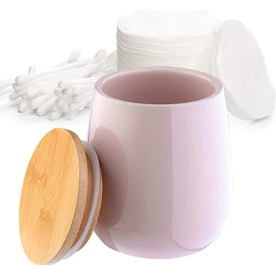 Image of KADAX Bathroom Container, Ceramic Cotton Pad Holder with Bamboo Lid, Small Canister for Buds, Bobby Pins, Stylish Organiser (Pink)