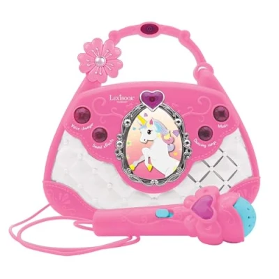 Image of Lexibook K102UNI Unicorn Karaoke Bag with Microphone, Voice Changer, Demo Songs, Light Effects, mic Included, aux in Input, Blue, Pink