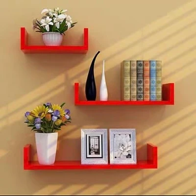 Image of YokiMa Rustic Wood Shelves for Wall U Shaped Floating Set of 3 Mounted Storage Shelf Bedroom, Kitchen, Living Room,red