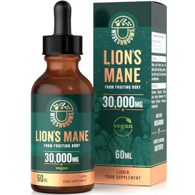 Image of Lions Mane Supplement Liquid Drops 30,000mg High Strength from Fruiting Body 60ml Bottle Vegan Wiseshrooms