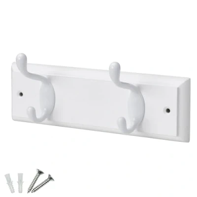 Image of keypak 2 Hook Door Wall Mounted Coat Rack, 22.5cm White Wooden Board, Hooks Fixings Included