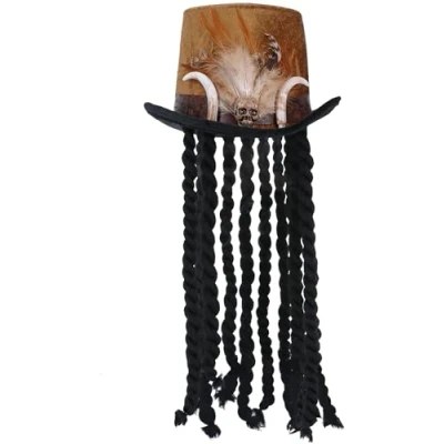Image of Smiffys Deluxe Witch Doctor Top Hat with Dreadlocks &amp; Feathers, Halloween Fancy Dress Accessory, Voodoo Woman Up Hats
