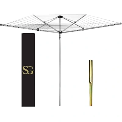 Image of SG Traders 4 Arm 60m Rotary Washing Line Outdoor, Heavy Duty Large Clothes Rotating Airer Dryer Garden use, Easy to Open and Close along with Ground Spike Cover, Silver (60m)