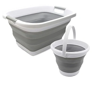 Image of SAMMART 2 pcs Set : 25L Collapsible Plasic Laundry Basket &amp; 5.5L Bucket/Waterpot (Laundry Basket+Bucket, Grey+Grey)