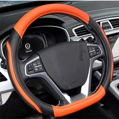 Image of D Cut Steering Wheel Cover Shaped Flat Bottom Microfiber Leather Anti Skid Breathable Fit 14.5&quot; 15&quot; (Orange)