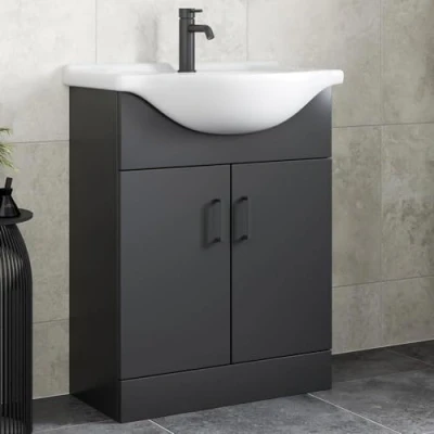 Image of Affine® 650mm Vanity Unit Basin Sink Bathroom Storage Cabinet Cupboard Freestanding, Single Tap Hole Ceramic Wash Basins, Soft Close Door, Matt Black