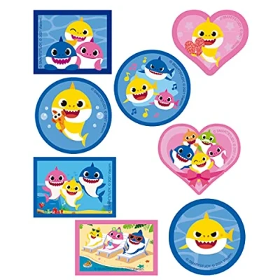 Image of 8 Screen Printed Children&#039;s Patches for Ironing onto Clothes. Heat Adhesive Applications Repairing and Decorating Trousers, Jackets, Jumpers, Backpacks, etc. (Baby Shark Form)