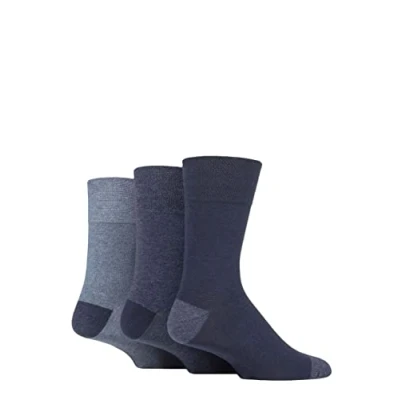 Image of Mens 3 Pair Gentle Grip Cotton Argyle Patterned and Striped Socks Contrast Heel Toe Navy / Denim 6 11