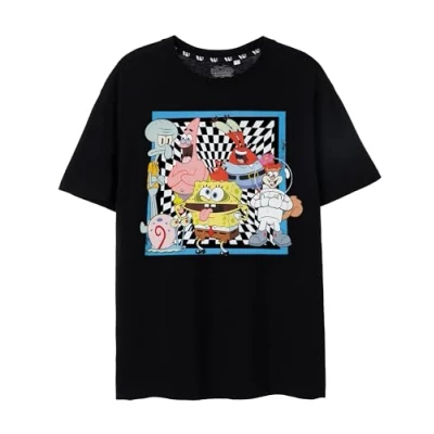 Image of Spongebob SQUAREPANTS Mens T Shirt Black Checkerboard &amp; Friends Graphic Tee for Adults Iconic Cartoon Lightweight Short Sleeve Top Sponge Bob Merchandise Gift Him