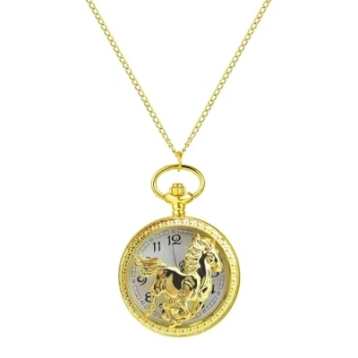 Image of JewelryWe Horse Skeleton Pocket Watch: Men Women Gold Vintage Antique Bronze Quartz Watch Arabic Numerals Timepiece Fob Chain with Sweater Necklace
