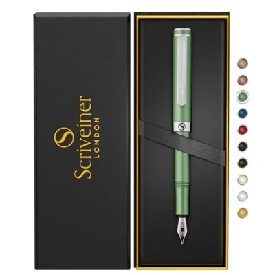 Image of Scriveiner Luxury EDC Fountain Pen (Medium), Stunning Matt Green Pocket Pen, Chrome Finish, Schmidt German Nib, Converter, Best Writing Gift Set for Men &amp; Women, Nice Fancy Office Designer