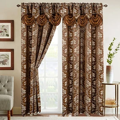 Image of Elegant Comfort Jacquard Look Curtain Panel Set with Attached Waterfall Valance, (Set of 2), 54 x 84 Inches, Chocolate Brown
