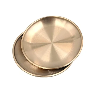 Image of Tiardey 2 pcs Stainless Steel Tray Golden Plate Cosmetics Jewelry Organizer Towel Storage Dish Tea Fruit Trays (Gold Round Tray)