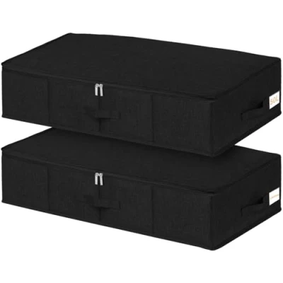 Image of Underbed Storage, 2 Pack 50L Large Storage Boxes with Lids, Foldable Sturdy Under Bed Clothes Drawer Organiser Side &amp; Bottom Support, Ultra Thick Fabric Black