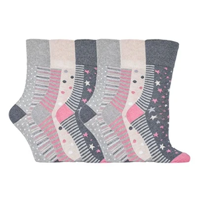 Image of NEW: 6 Pairs Ladies Gentle Grip No Elastic Socks 4 8 uk, 37 42 eur (GG92 Muted Spot/Stripe)