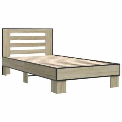 Image of vidaXL Small Single Bed Frame Sonoma Oak 75x190 cm, Engineered Wood with Metal Legs, Plywood Slats, Sturdy and Modern Design