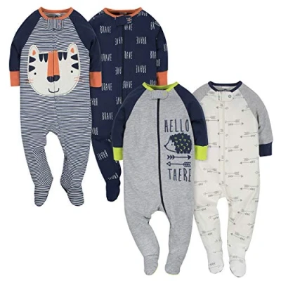Image of Gerber Baby Boys&#039; 4 Pack Sleep &#039;N Play Footie Sleepers, Tiger/Hedgehog, Newborn