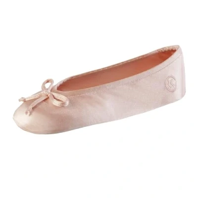 Image of isotoner Women&#039;s Satin Ballerina Slipper with Bow, Suede Sole, Black, 3/4 UK