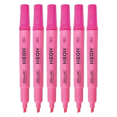 Image of DOLLAR NeoMark Highlighter Pens, PINK, Pack of 6, Chisel Tip (5.0mm), Multipack, Fast drying, Fluorescent Colour, Perfect for School Office Home Highlighters