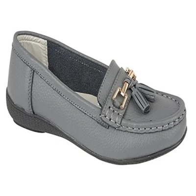 Image of Womens Flats Leather Deck Boat Loafers Moccasins Driving Shoes with Bar &amp; Tassels Grey Size UK 6