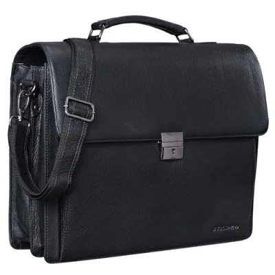 Image of STILORD &#039;Johann&#039; Classic Leather Briefcase with 15.6 inches Laptop Compartment Portfolio Men &amp; Women Design Satchel Business Work Bag Leather, Colour:Obsidian Black