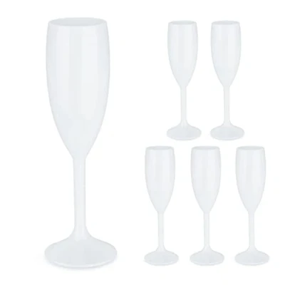 Image of Relaxdays, Plastic Champagne Flutes, Set of 6, Shatterproof, BPA Free, 160 ml, Reusable Wine Glasses, for Parties, White, 22 x 6 cm