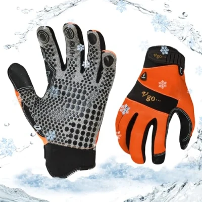 Image of Vgo... 0℃/32F Winter Synthetic Leather Work Gloves, Cold Weather Waterproof Safety Gloves,Cold Storage or Freezer Use, warm polar fleece Lining 1Pair SL7895FLWP(Orange,M)