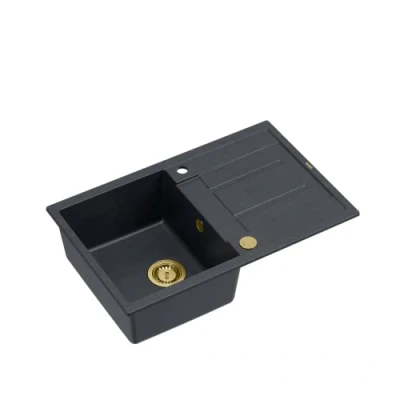 Image of QUADRON Granite Sink Size 78 x 50 22 cm, Colour: Black &amp; Golden Morgan 111 Kitchen Single Bowl with Draining Board Built in