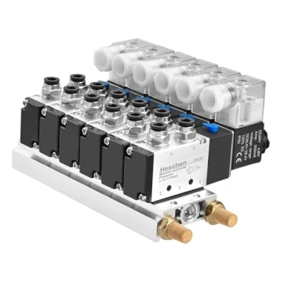 Image of Heschen Electrical Pneumatic 6 Solenoid Valve 4V210 08 DC 24V PT1/4 5 Way 2 Position Manifold Base Muffler Quick Fittings Set