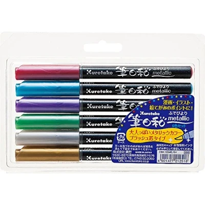 Image of Kuretake ZIG FUDEBIYORI Brush Pen Metallic 6 colours set, Flexible tip for caligraphy, drawing and lettering, CBK 55ME/6V