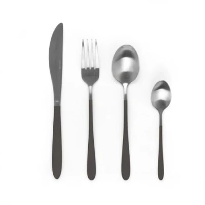 Image of Salter BW09388 16 Piece Cutlery Set Full Pearlise Black Silver Plated Stainless Steel Flatware Set, Tableware Service For 4, Forks, Knives, Teaspoons &amp; Dessertspoons, Lightweight, Matte Satin Finish