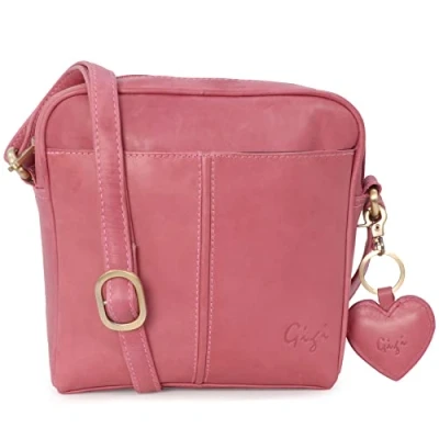 Image of Gigi Ladies Small Leather Crossbody Bag Handbag With Long Adjustable Shoulder Strap Heart Keyring Charm OTHELLO 22 29 Pink