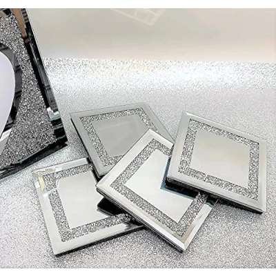 Image of 3 x The Leonardo Collection Mirrored Silver Glass Coasters With Multicrystal Border Set Of 4
